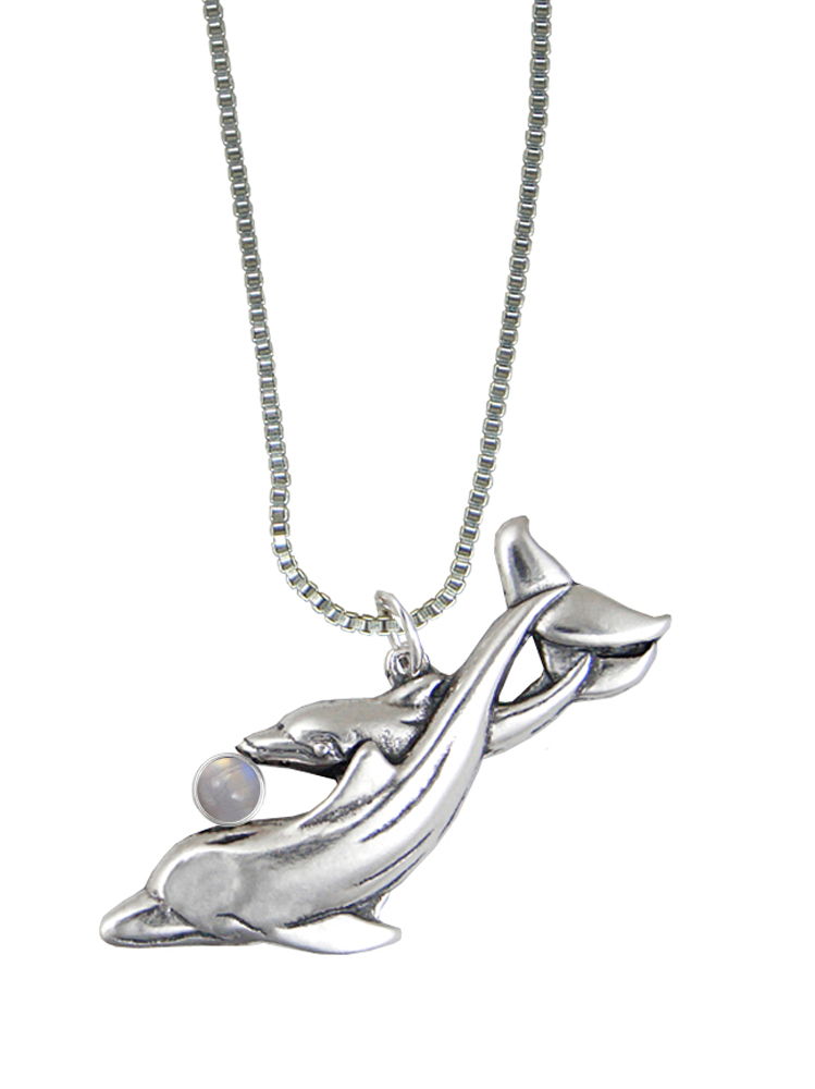 Sterling Silver Playful Dolphins Pendant With Rainbow Moonstone